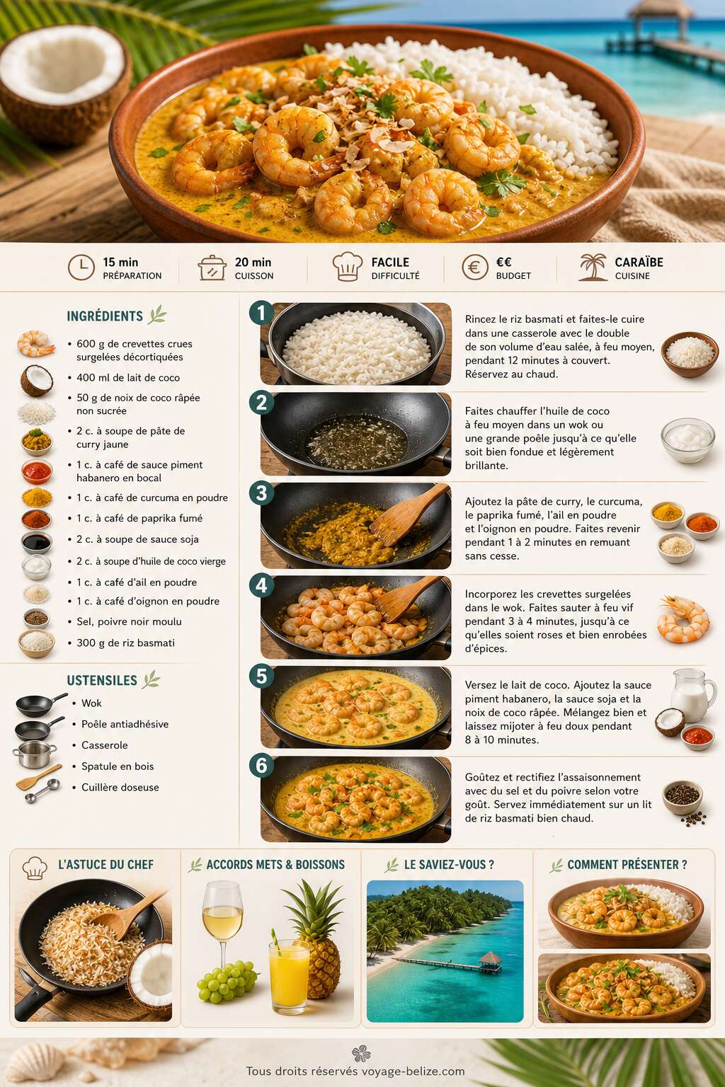 Fiche recette Recette de crevettes à la noix de coco du Belize Fiche recette Recette de crevettes à la noix de coco du Belize