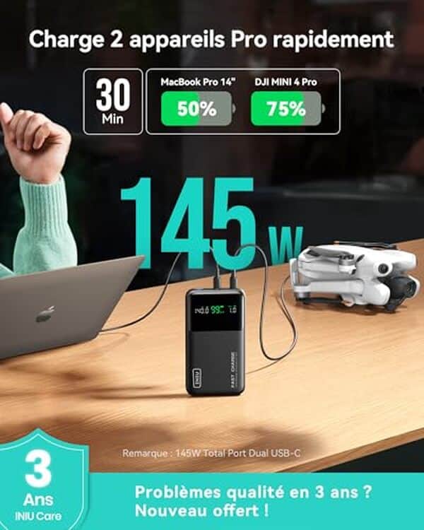 Découvrez notre test complet de la batterie externe INIU 140W 25000mAh : performances, rapidité de charge et autonomie. Avis détaillé et honnête du power bank haut de gamme.