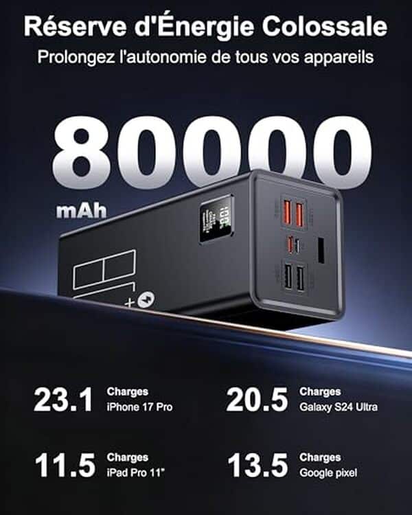 Découvrez notre test complet de la batterie externe 80000mAh. Chargeur rapide et puissant pour recharger vos téléphones et tablettes en toute autonomie. 