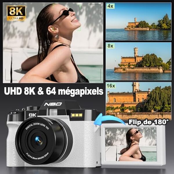 Découvrez notre test complet de l'appareil photo NBD 8K 64MP avec écran orientable et zoom 16x. Performances, qualité d'image et caractéristiques détaillées. 